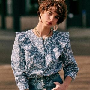 Sezane Blue Floral Ruffle Top
